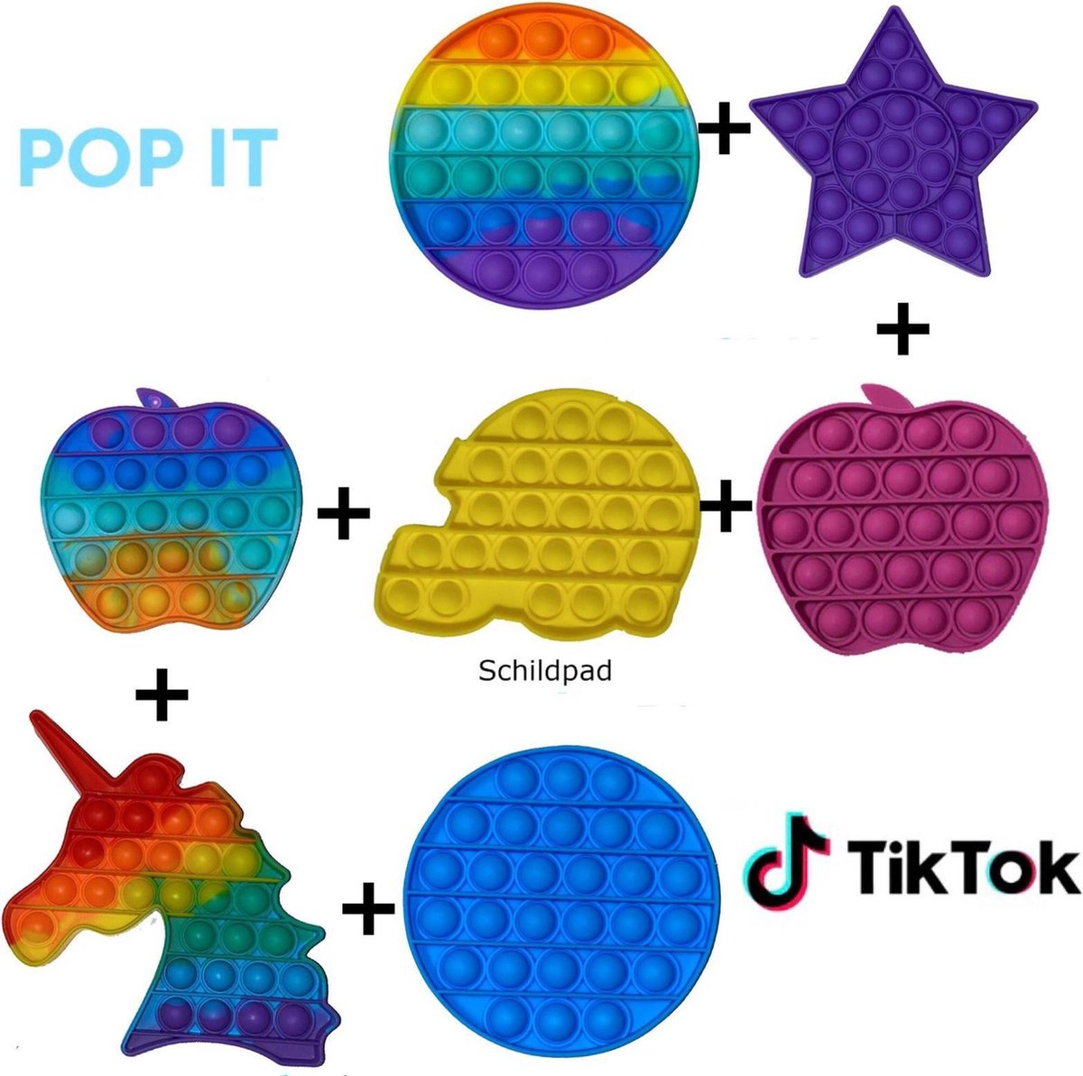 Pop it fidget toys (pakket) 7 in 1 Appel Paars + Ster Paars + Schildpad Geel + Rainbow Appel + Rainbow Rond + Rainbow Eenhoorn + Rond Blauw | Tiktok trend 2021 | Educatief | Anti stress | Stressknopjes | Verjaardag cadeau